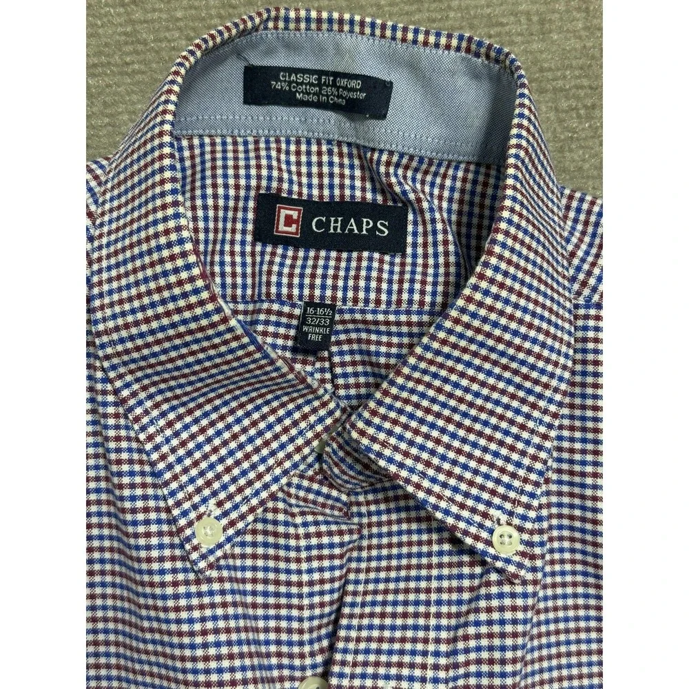 Chaps Shirt Mens 16-16.5 32/33 Blue Red Check Classic Fit Oxford Wrinkle Free‎